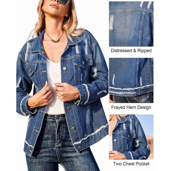 Zeagoo Women's Distressed Frayed Boyfriend Oversized Loose Trucker Denim Jacket - Picture 3 of 8